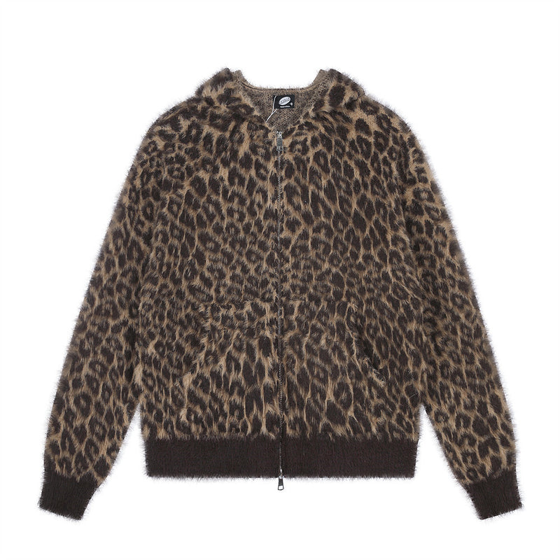 Gilet cardigan zippé intégral en maille duveteuse léopard – Coupe décontractée pour homme