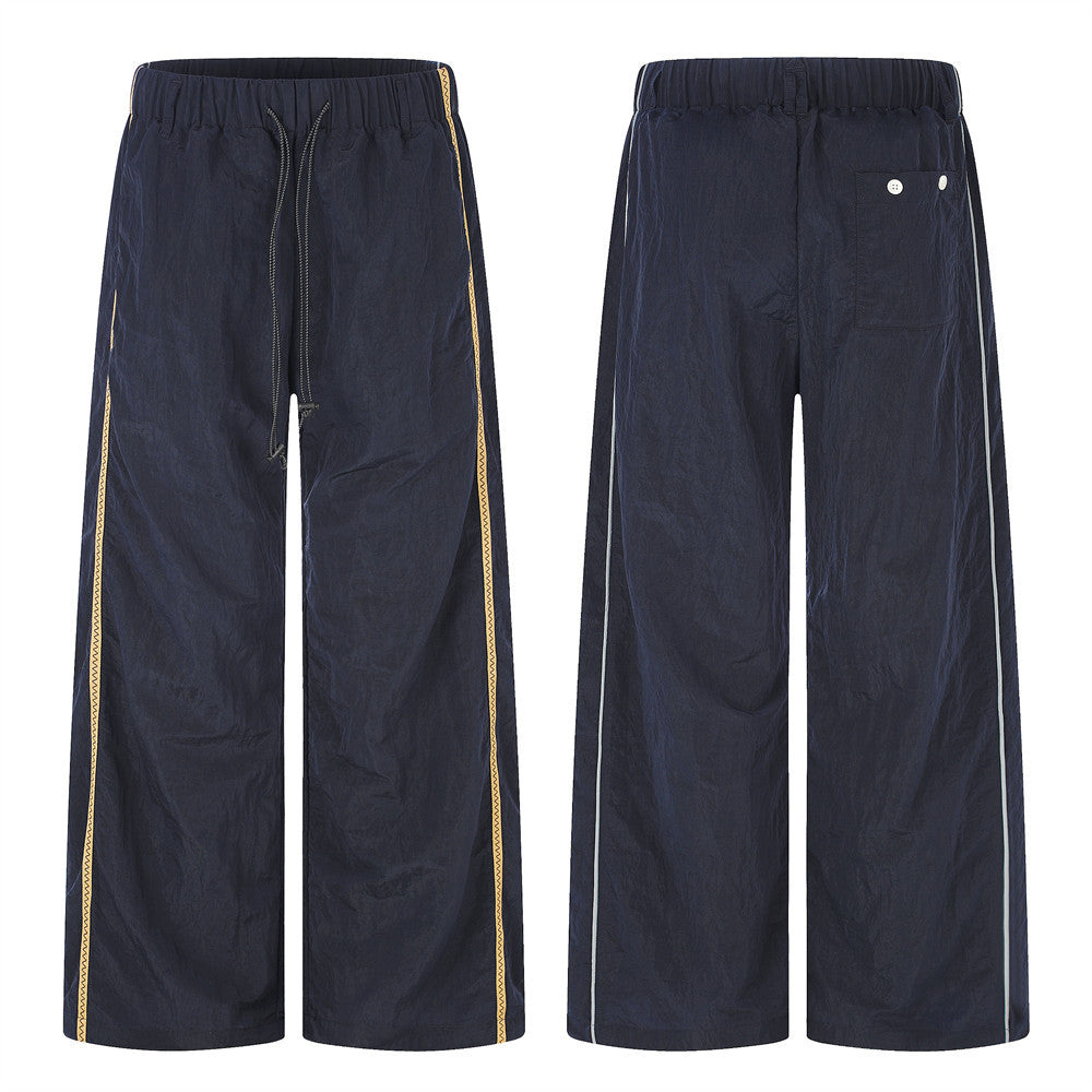 Wide-Leg Track Pants with Gold Side Stripe and Drawstring Waist