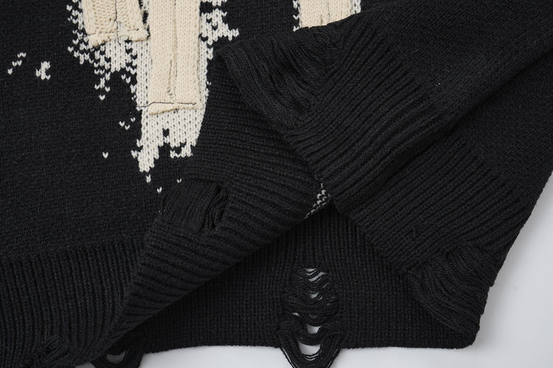 Pull en maille graphique effet usé – Col rond streetwear américain avec appliqué