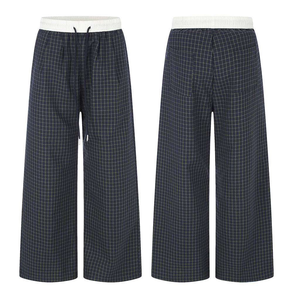 Plaid Wide-Leg Pants – Contrast Elastic Waistband, Relaxed Fit