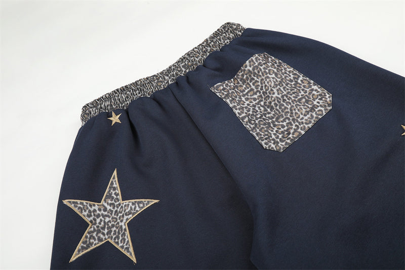 Wide Leg Star Patch Sweatpants with Leopard Print Waistband