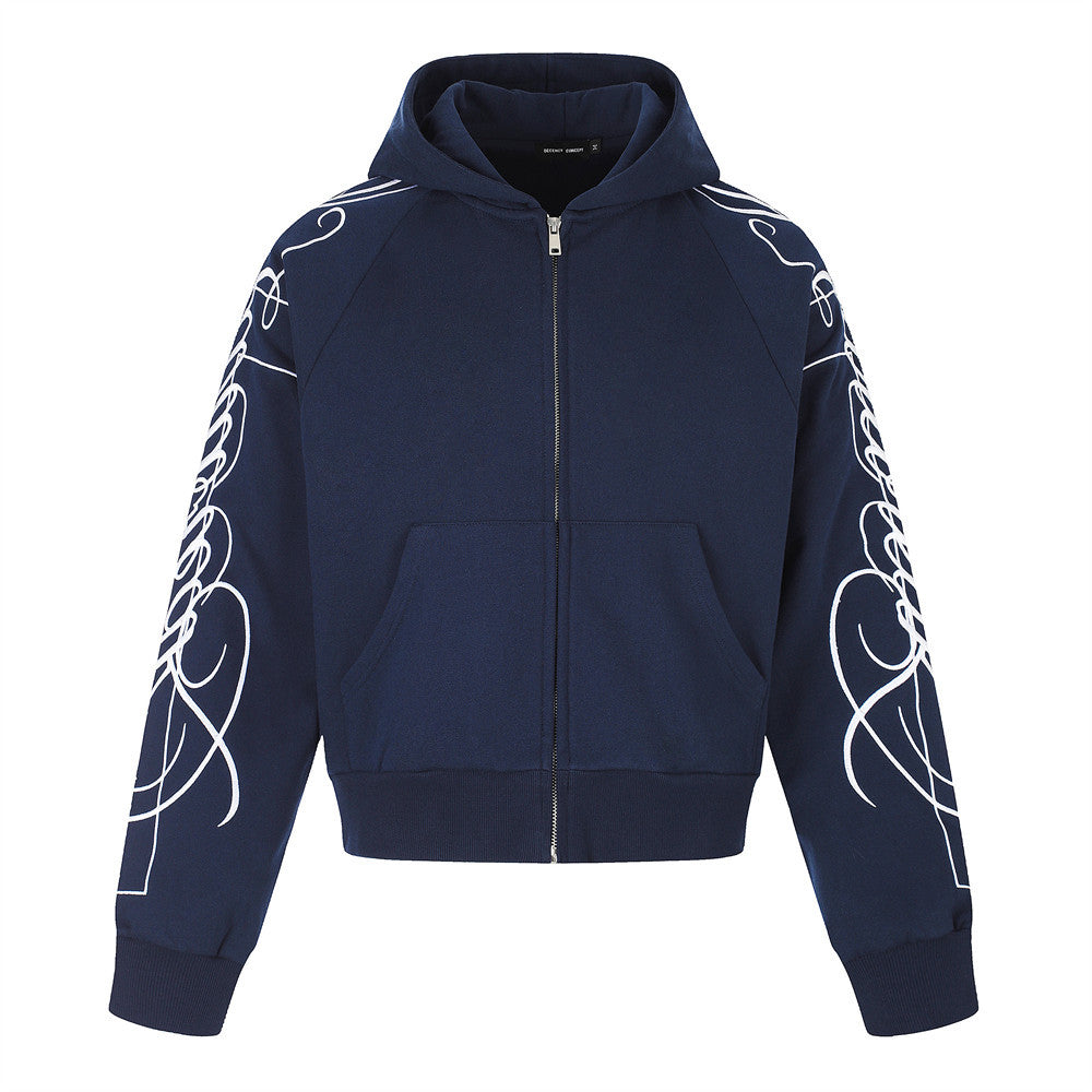 Hoodie zippé à motif script – Cardigan streetwear imprimé sur les manches