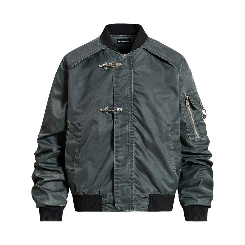 Men's oversized washed bomber jacket with metal aircraft clasp closures and pleated sleeves in slate grey