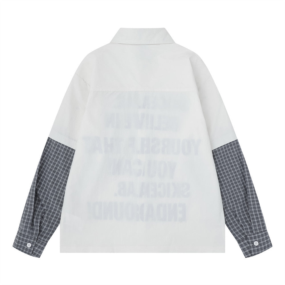 Faux Two-Piece Plaid Splice Long Sleeve Shirt – Metal Eyelet & Letter Print