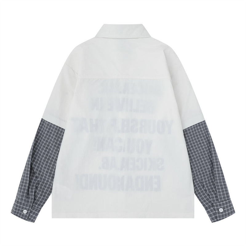 Faux Two-Piece Plaid Splice Long Sleeve Shirt – Metal Eyelet & Letter Print