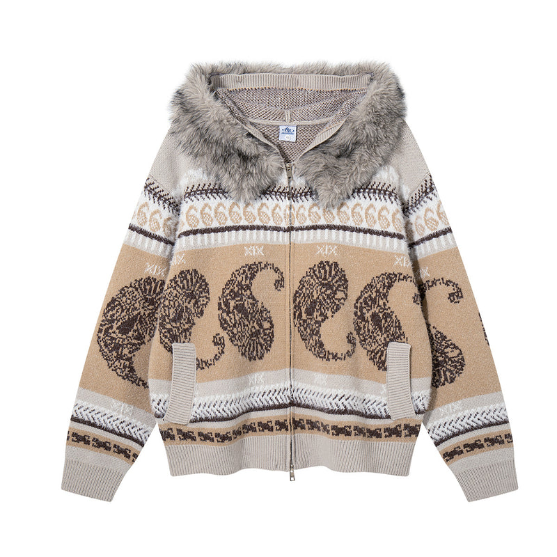 Paisley Fair Isle Knit Zip-Up Hoodie with Faux Fur Trim