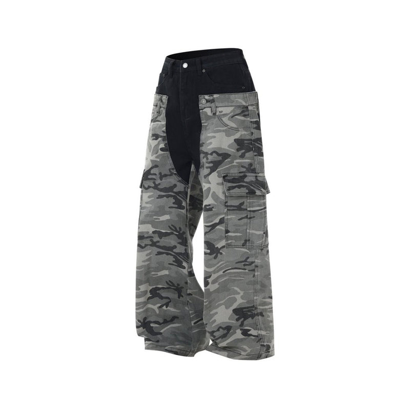 Men's Camo Cargo Pants – Faux Two-Piece Baggy Wide-Leg Denim