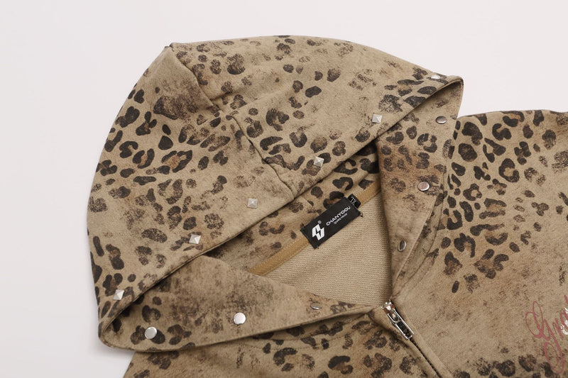 Leopard Print Zip-Up Hoodie – Vintage Distressed Rhinestone Studded Oversized
