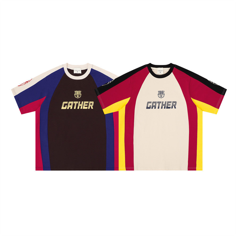 Two colorblock crew neck graphic tees, front view in black and cream with GATHER print