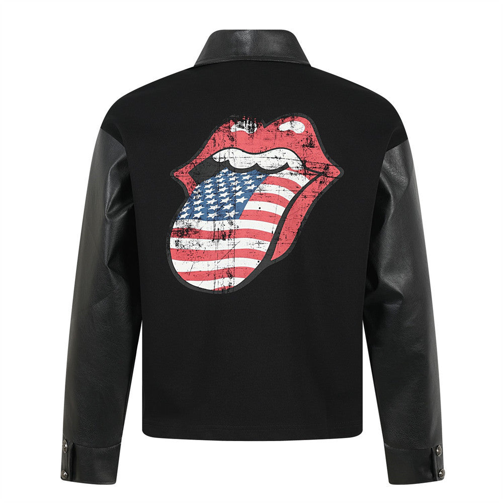 Schwarzes Herren-Poloshirt mit PU-Lederärmeln und American-Flag-Tongue-Grafik