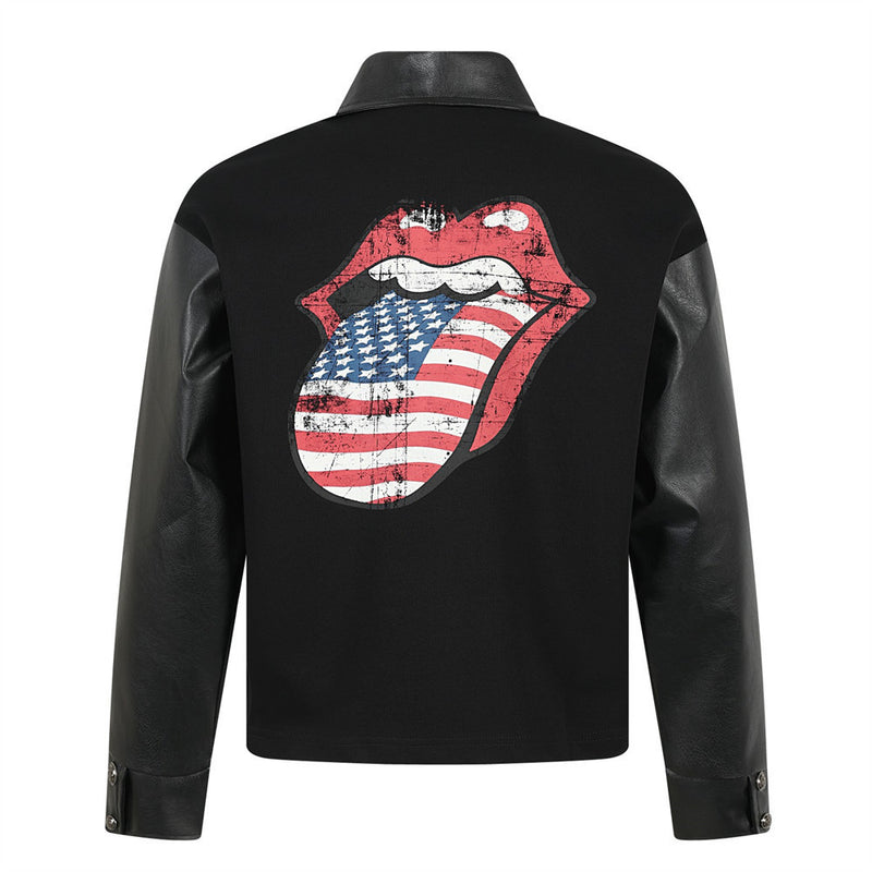 Schwarzes Herren-Poloshirt mit PU-Lederärmeln und American-Flag-Tongue-Grafik
