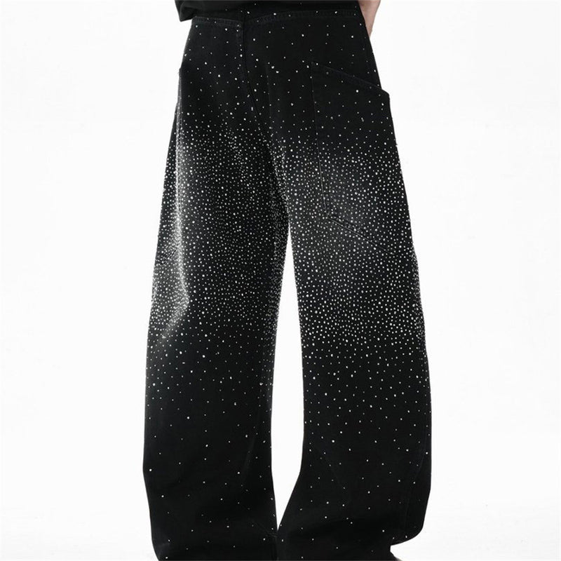 Rhinestone Wide-Leg Jeans – Men's Distressed Denim with Large Cargo Pockets &