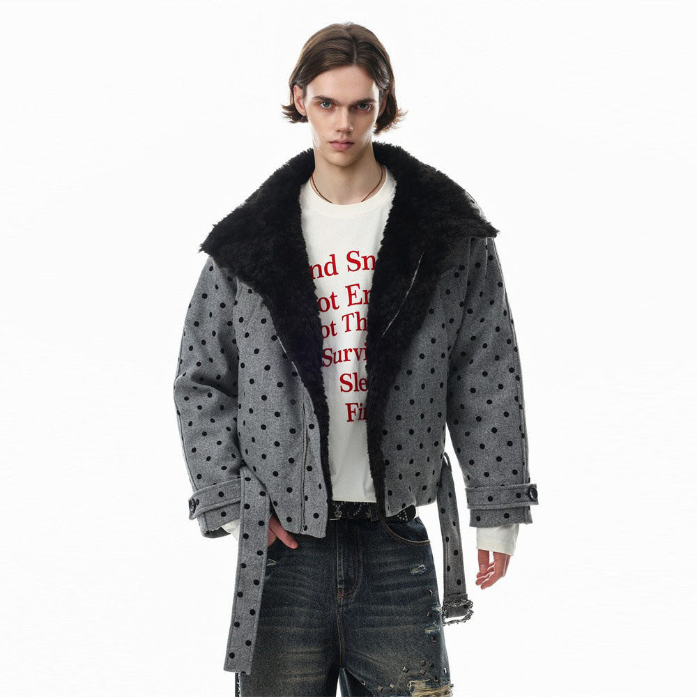 Polka Dot Wool-Blend Jacket Men – Fur Collar, Padded, Stand Collar with Belt