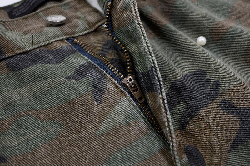 Camo Pearl Stud Cargo Pants – Wide-Leg Washed Denim Camouflage Trousers