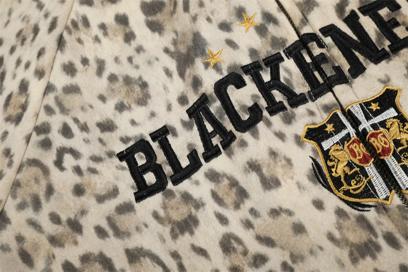Embroidered Zip Up Hoodie – Leopard Print Streetwear with Side Stripe Detail