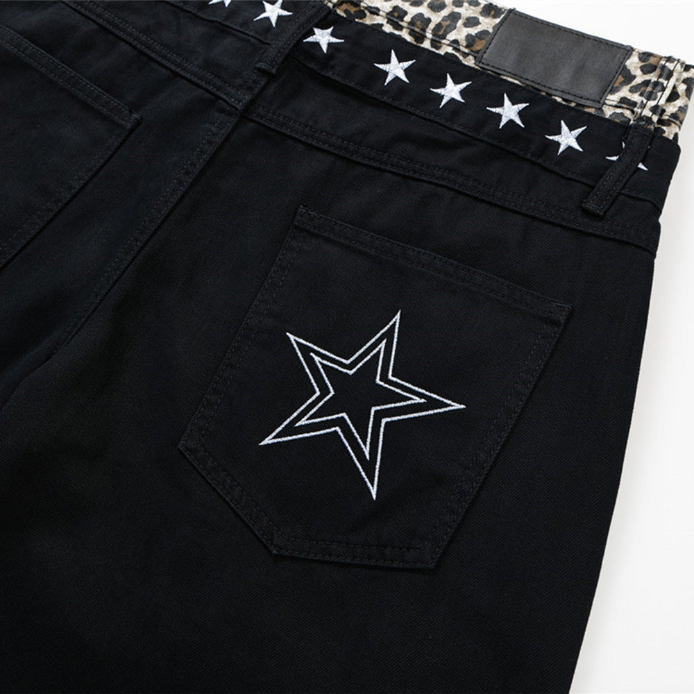 Jean wide leg avec ceinture contrastante léopard et broderie étoile – Noir homme