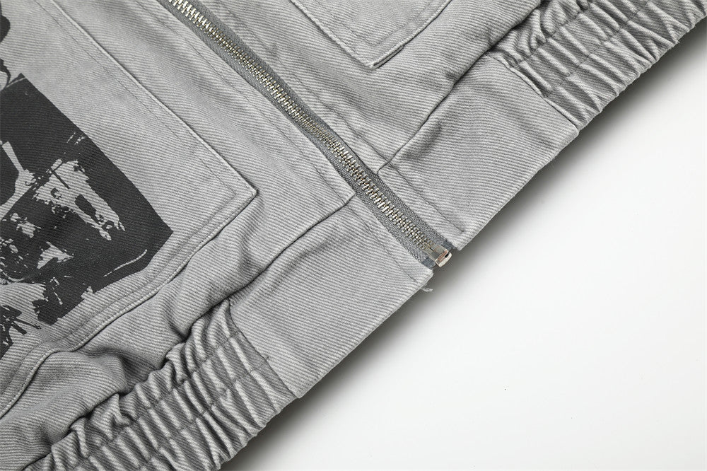 Herren Bomberjacke aus grauem Canvas im Workwear-Stil mit Grafikprints