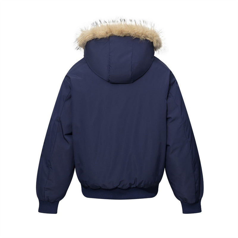 Diagonal Zip Hooded Bomber Jacket with Faux Fur Trim – Oversized Winter Puffer