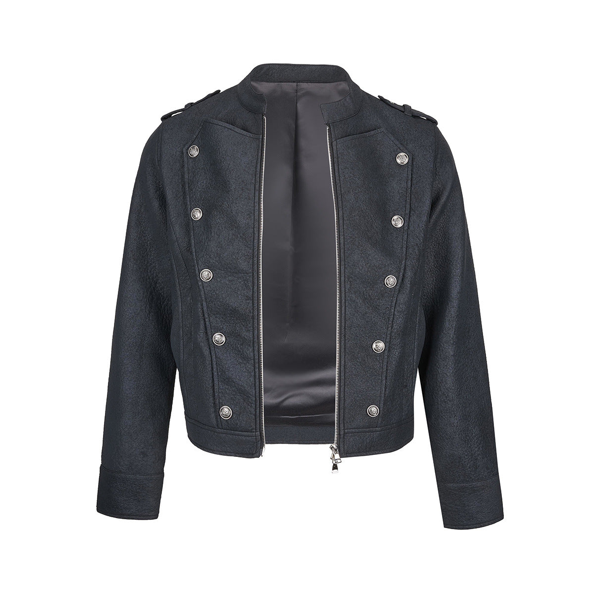 Military-Style Faux Leather Jacket with Double-Breasted Buttons & Zip Front