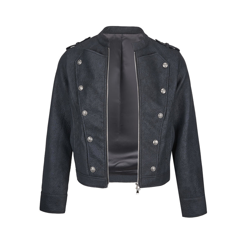 Military-Style Faux Leather Jacket with Double-Breasted Buttons & Zip Front
