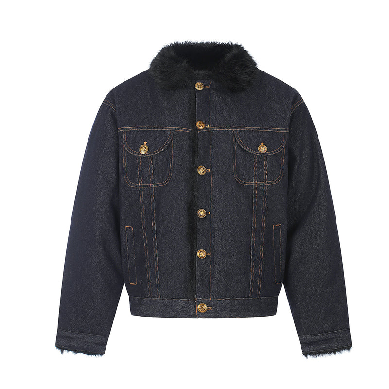 Dark Indigo Denim Jacket with Faux Fur Collar & Fleece Lining