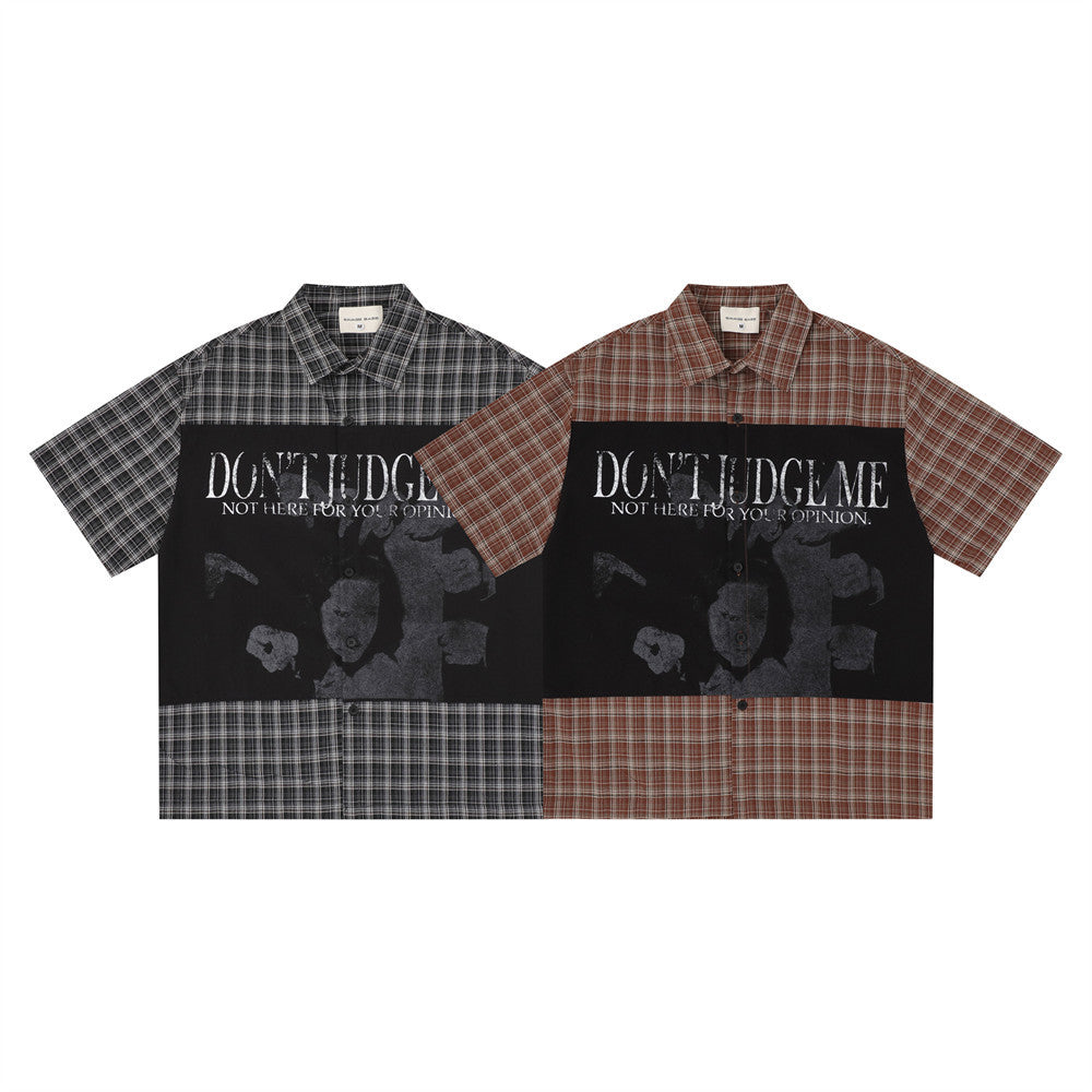 Don't Judge Me Graphic Patchwork Plaid Short Sleeve Shirt