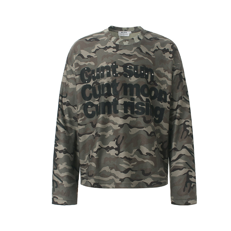Camo Long Sleeve Waffle Shirt with Studded Graphic Print