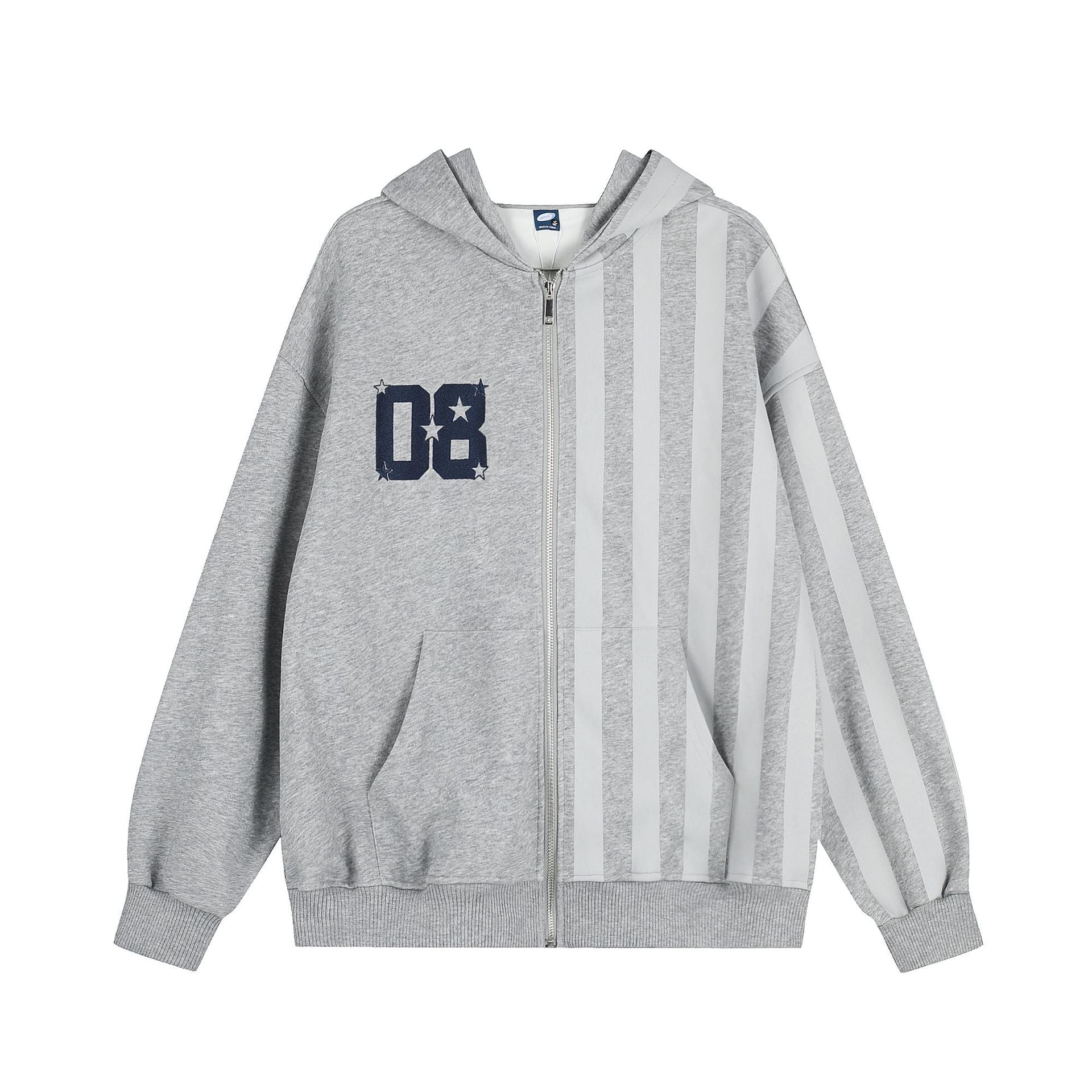 Sweat à capuche zippé oversize gris chiné avec empiècements à rayures verticales rétro et imprimé varsity 08 effet usé sur la poitrine, vues de face et de dos
