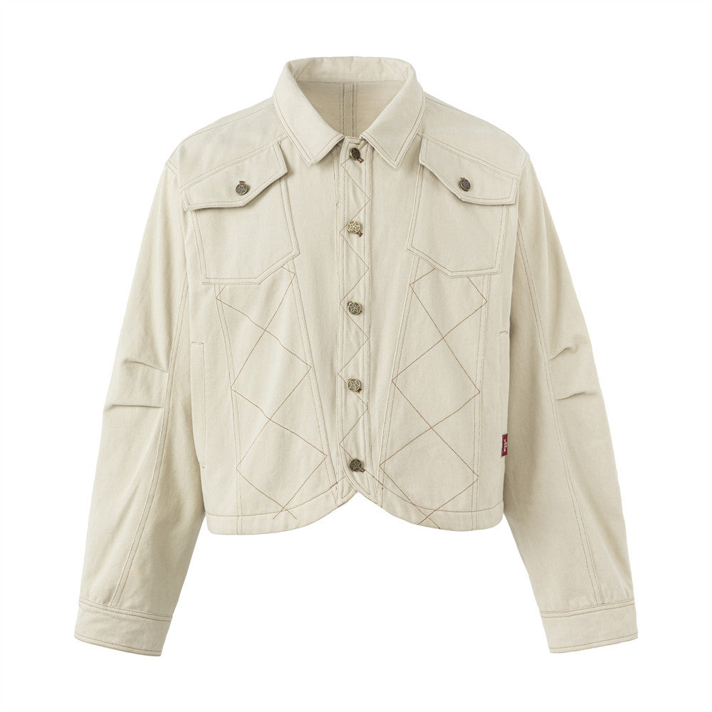 Men's cropped off-white khaki denim jacket with diamond topstitching and antique brass star snap buttons, front and back view