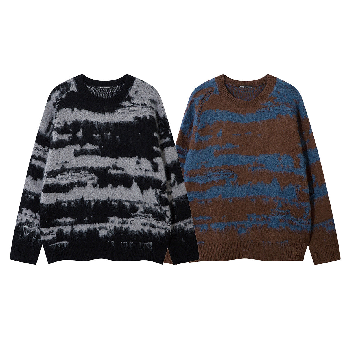 Front views of black-gray and brown-blue oversized crewneck sweaters with distressed horizontal stripes