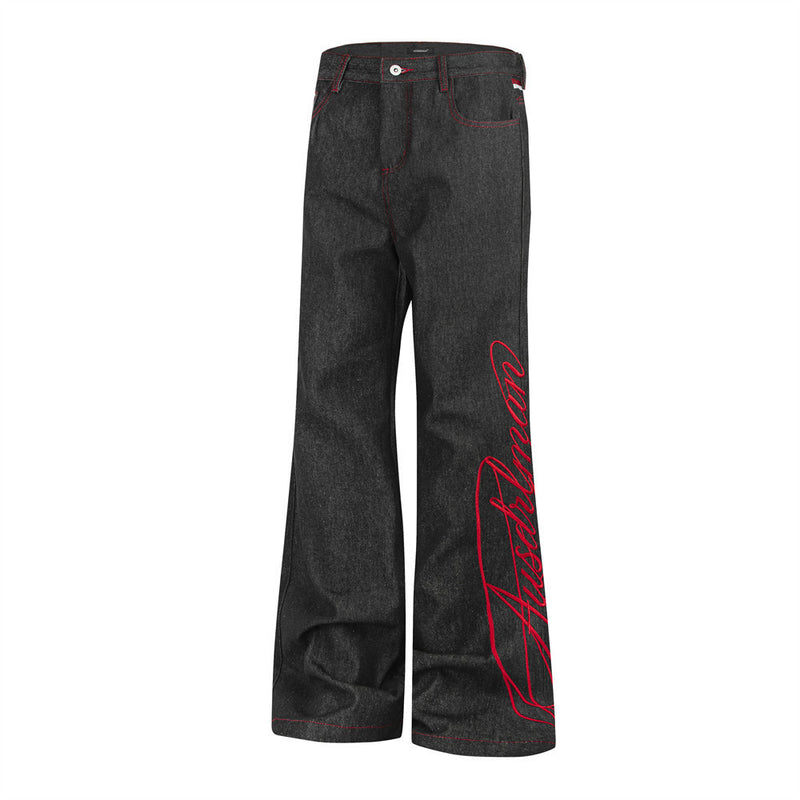 Herren-Flare-Jeans in Schwarz mit roter Script-Stickerei – Wide Leg aus Raw Denim