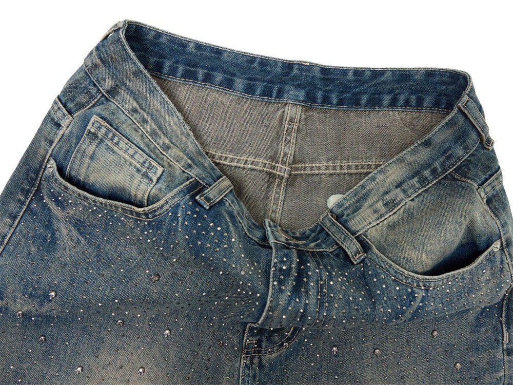 Wide-Leg Jeans Men – Vintage Wash Rhinestone Straight-Fit Denim