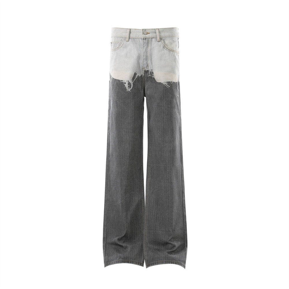 Two-Tone Distressed Wide-Leg Jeans – Contrast Wash Straight Denim