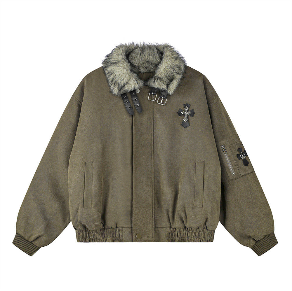 Veste homme doublée sherpa, bomber à col en fourrure avec écusson croix et détails à boucle