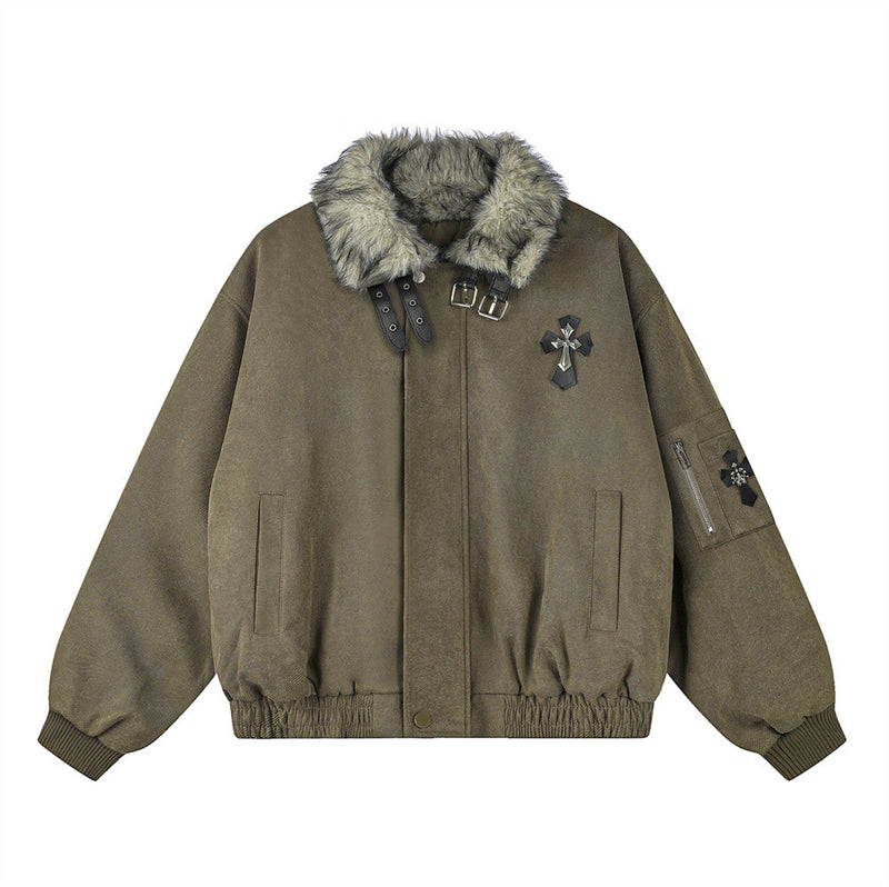 Veste homme doublée sherpa, bomber à col en fourrure avec écusson croix et détails à boucle