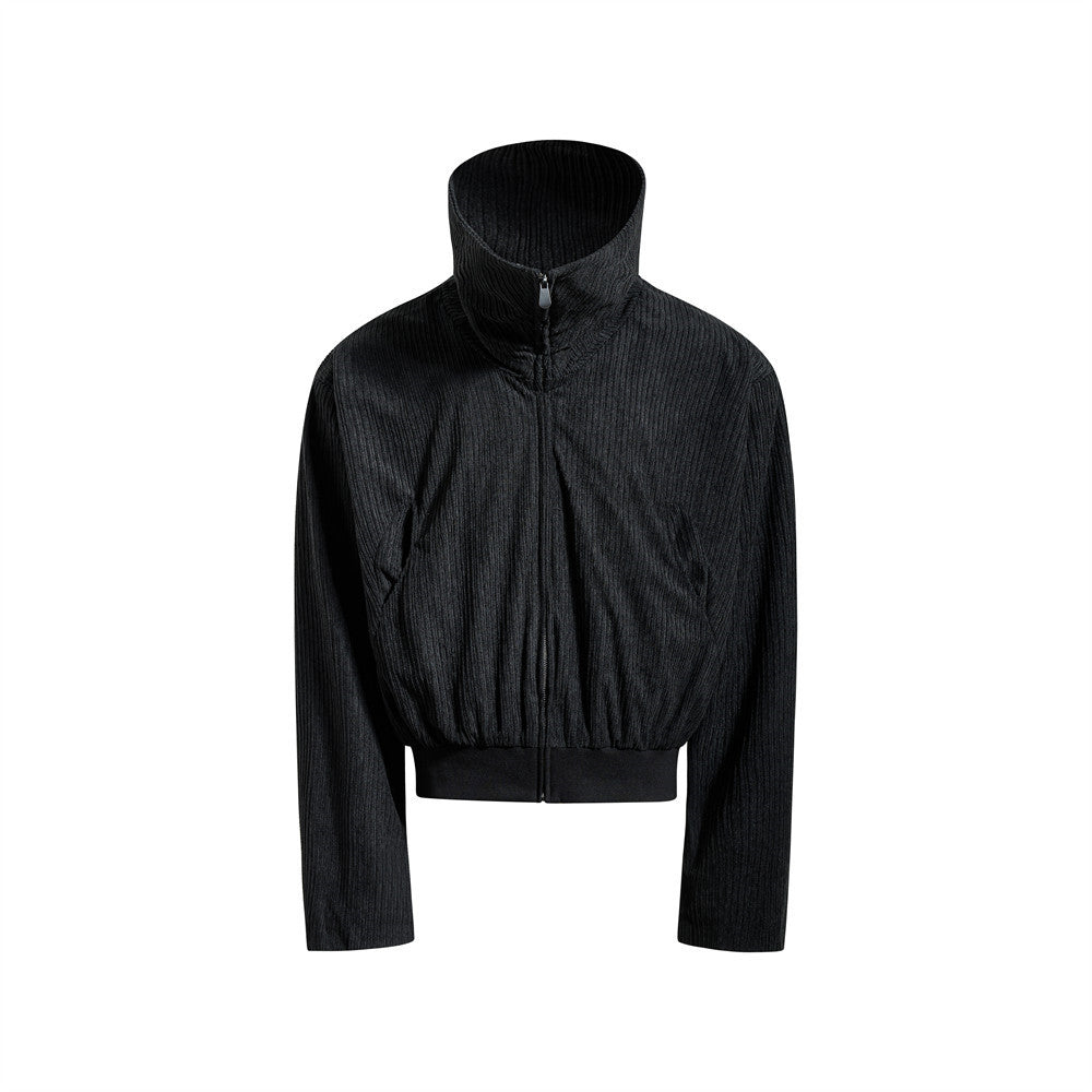 Chaqueta corta de cuello alto con cremallera para hombre, de tejido negro acanalado con textura arrugada, cuello chimenea extragrande y bajo elástico