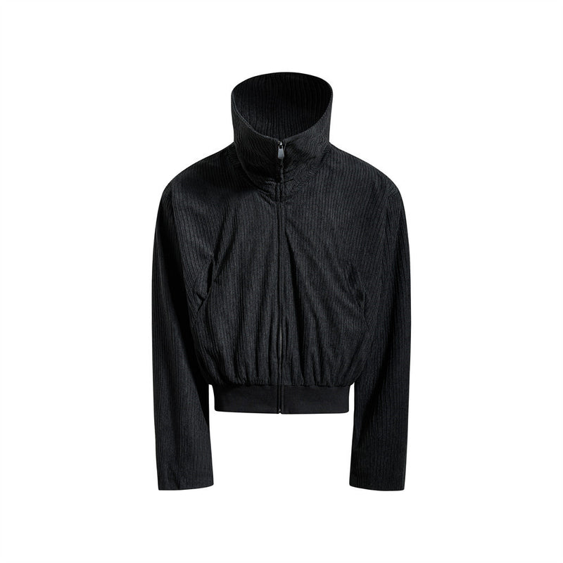 Chaqueta corta de cuello alto con cremallera para hombre, de tejido negro acanalado con textura arrugada, cuello chimenea extragrande y bajo elástico