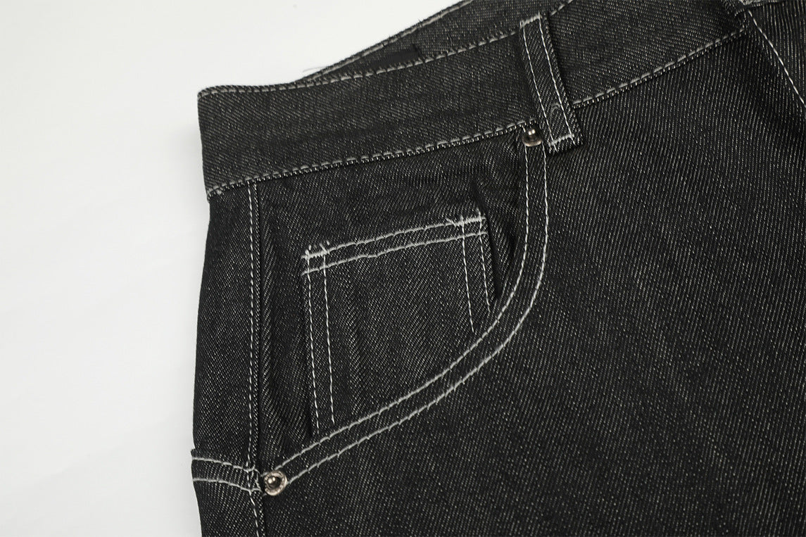 Wide-Leg Baggy Jeans – Skeleton Horse & Sun Embroidery, Dark Wash Black Denim