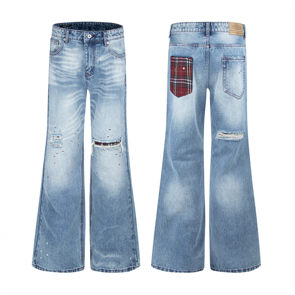 Men's Distressed Flare Jeans – Light Blue Washed Denim with Plaid Patch Detail