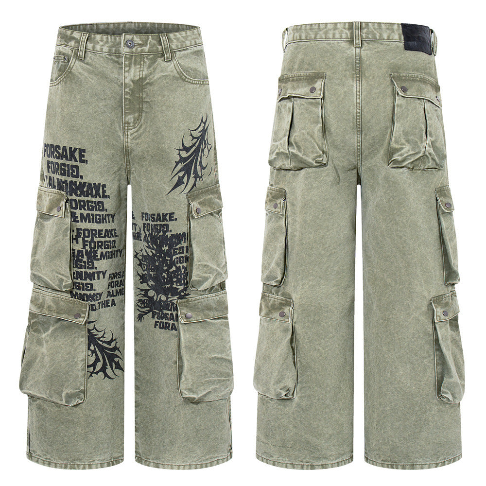 Wide-Leg Cargo Pants with Tribal Graphic & Letter Print – Acid Wash Army Green
