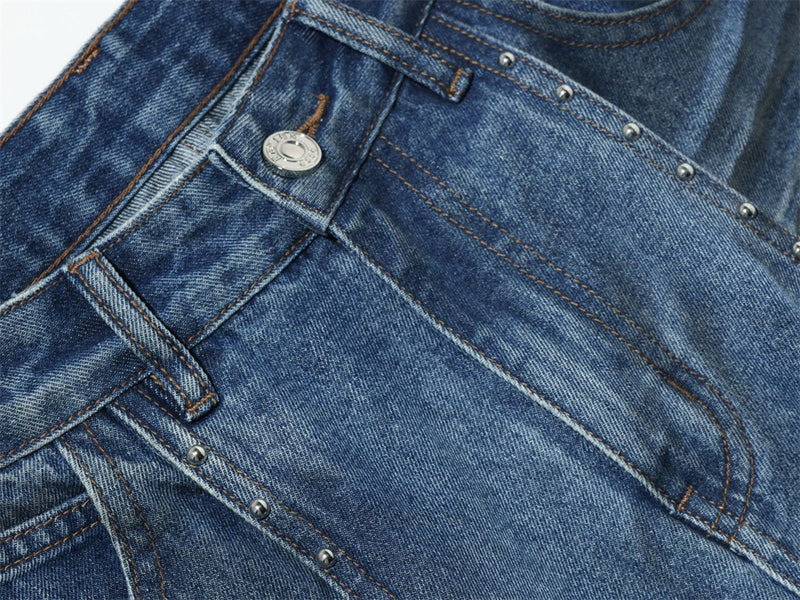 Straight Leg Jeans Mens Wide-Leg Punk Washed Denim with Rivet Pocket Detail