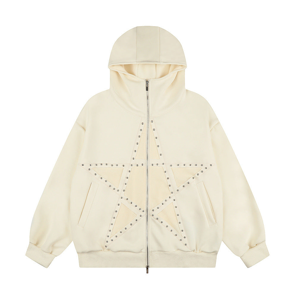 Men's Zip-Up Hoodie with Patchwork Star Stud Detail