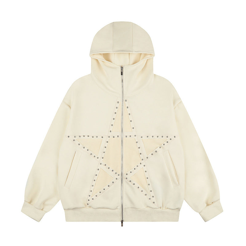 Men's Zip-Up Hoodie with Patchwork Star Stud Detail