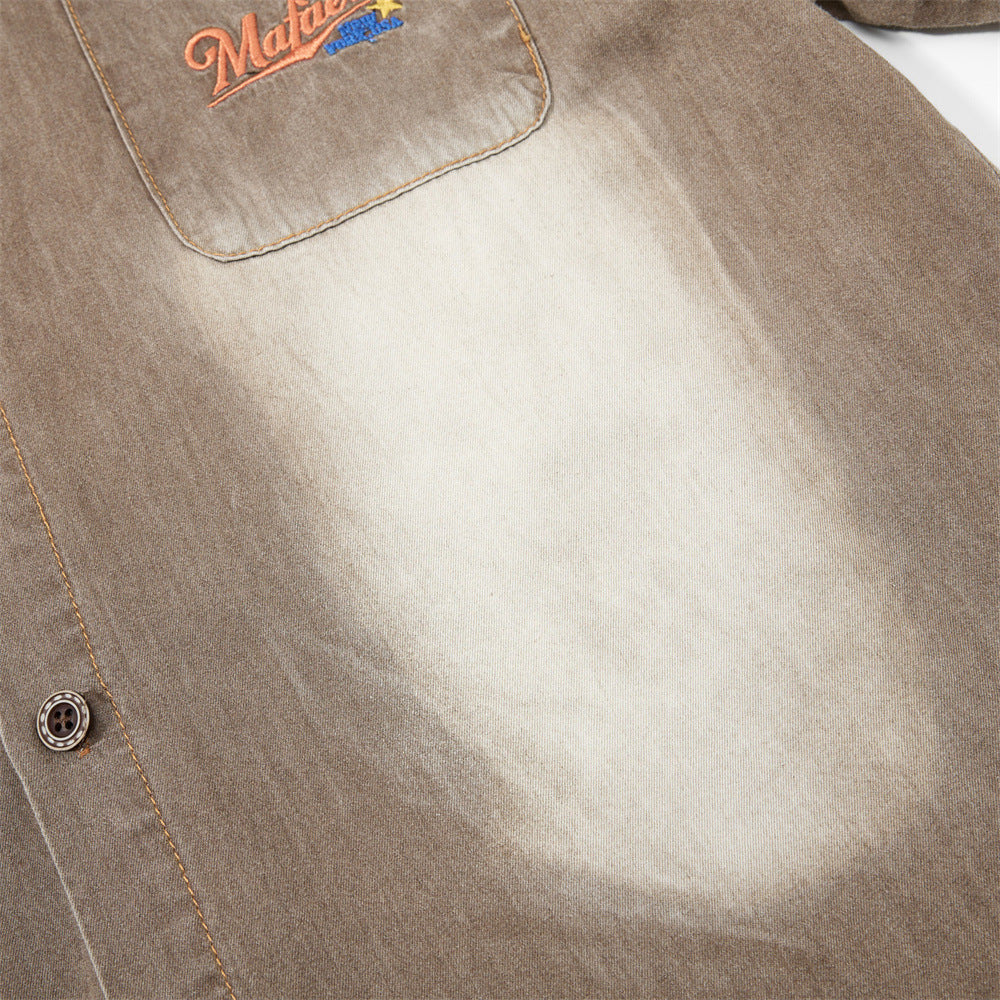 Vintage Sun-Faded Washed Denim Short Sleeve Shirt – Oversized Streetwear Fit