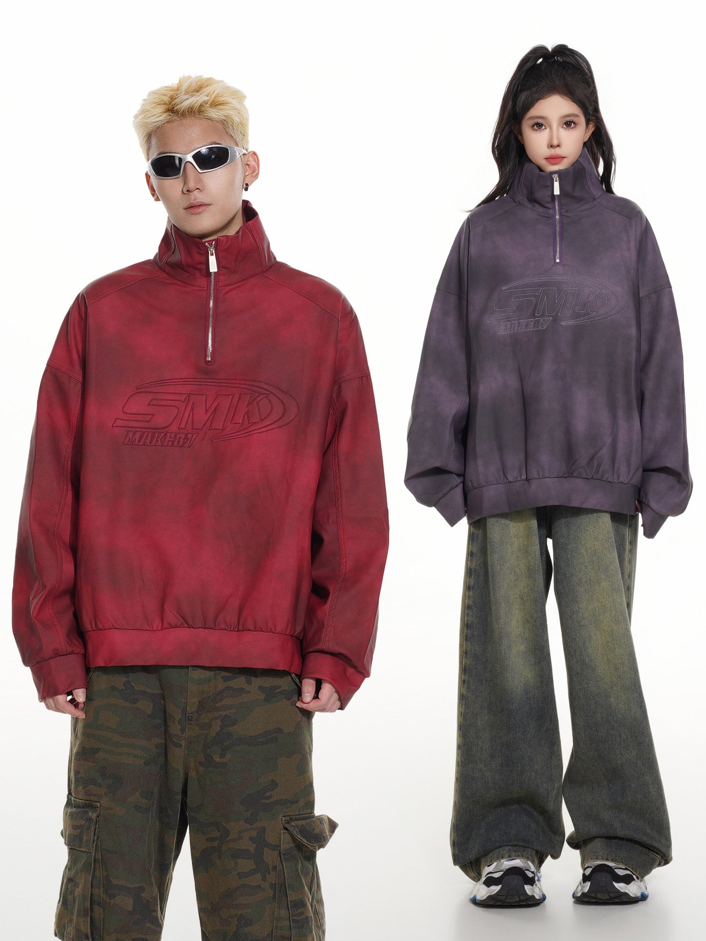 Sweat-shirt SMK à demi-zip – Col montant vintage effet délavé à l’acide