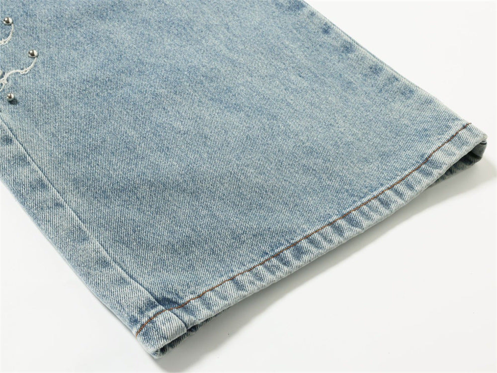 Men's Baggy Wide-Leg Jeans – Studded & Embroidered Washed Denim