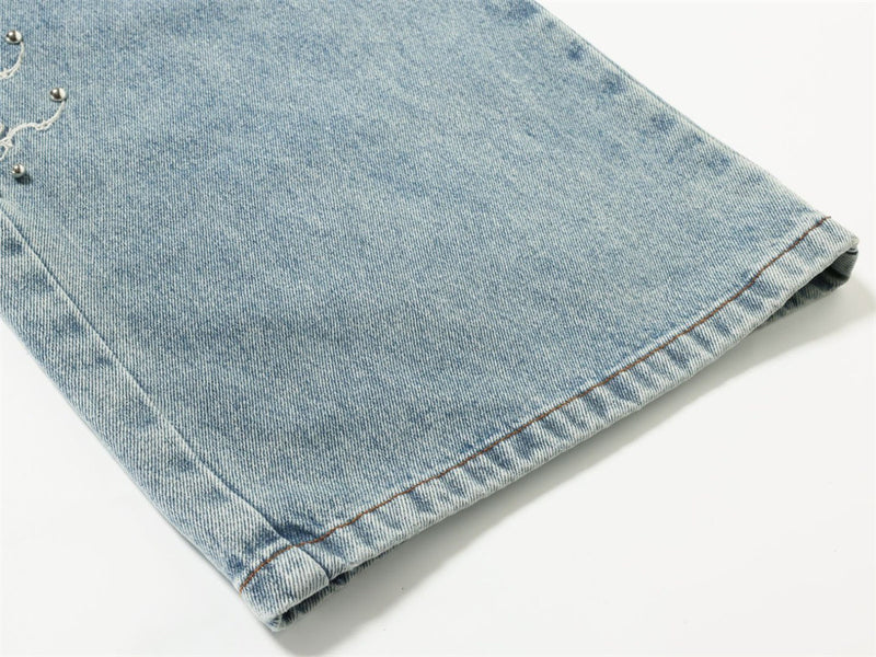 Men's Baggy Wide-Leg Jeans – Studded & Embroidered Washed Denim