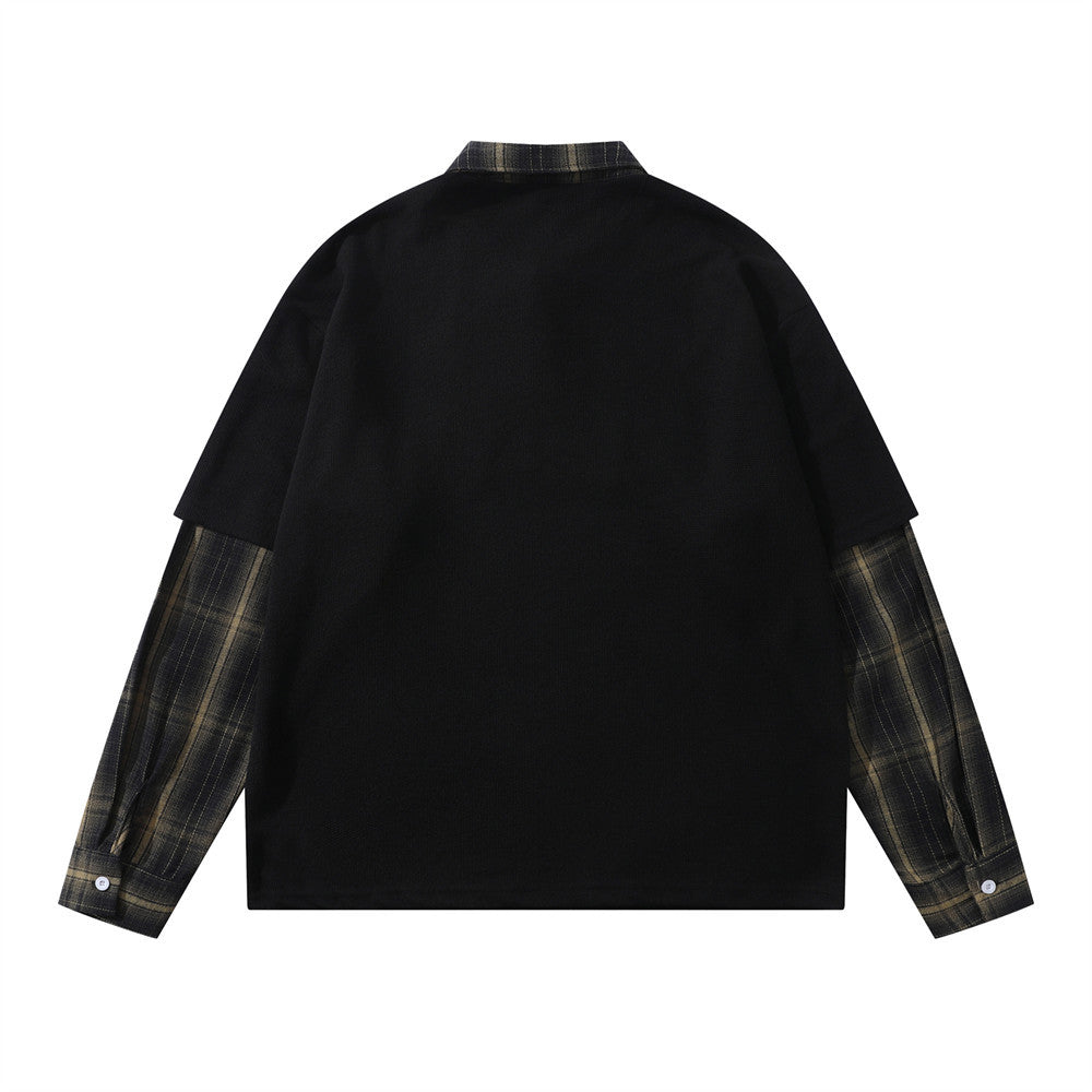 Faux Two-Piece Plaid Splice Long Sleeve Polo Shirt – Oversized Collegiate Style