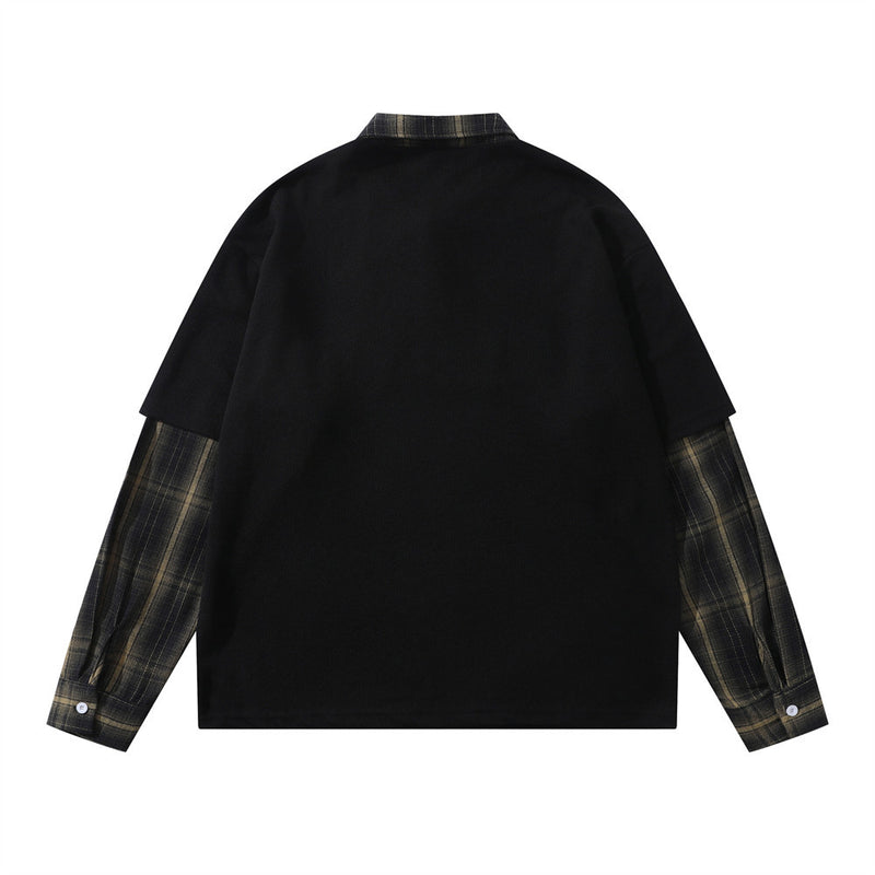 Faux Two-Piece Plaid Splice Long Sleeve Polo Shirt – Oversized Collegiate Style