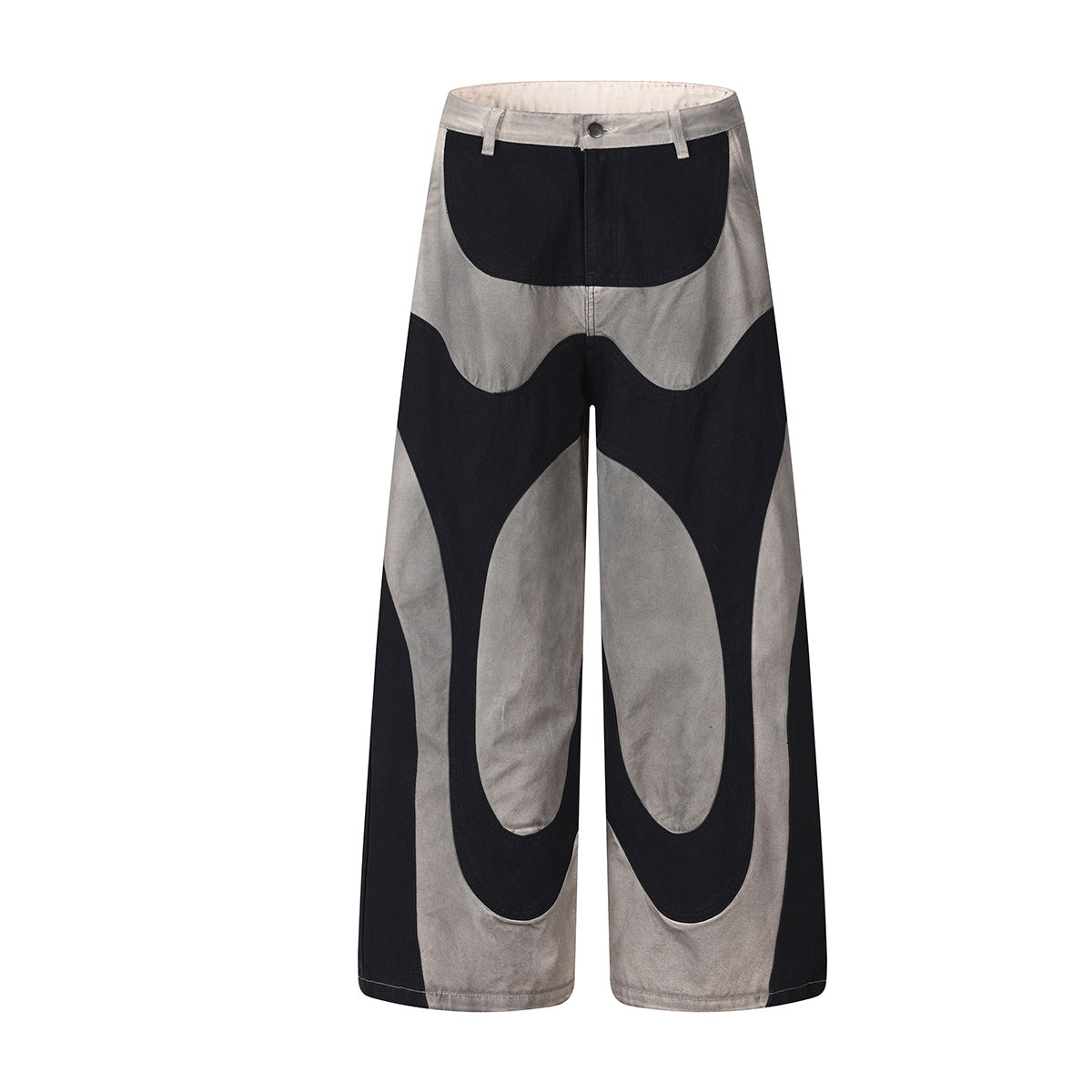 Patchworkhose mit weitem Bein und abstrakten Wellenpartien aus schwarzem und verwaschen grauem Canvas, Vorder- und Rückansicht
